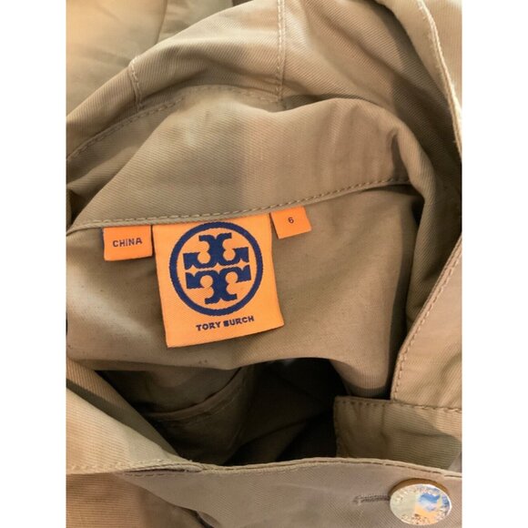 Tory Burch Long Brown Hooded Trench Coat W/ Ruffle Front, Size 6 - Picture 6 of 6